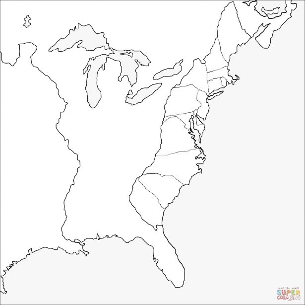 615x614 Thirteen Colonies Blank Map Coloring Page Printable Throughout