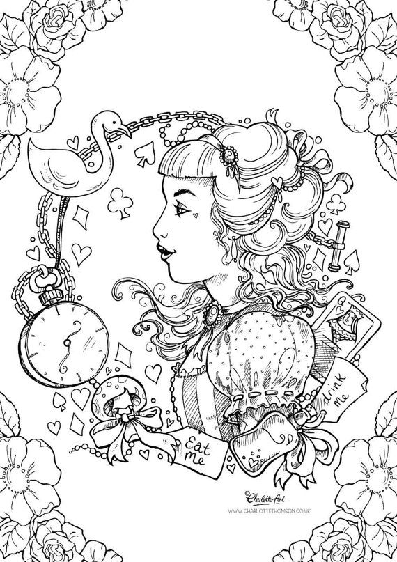 570x807 Adult Colouring Page. Alice In Wonderland Gothic Lolita Kawaii