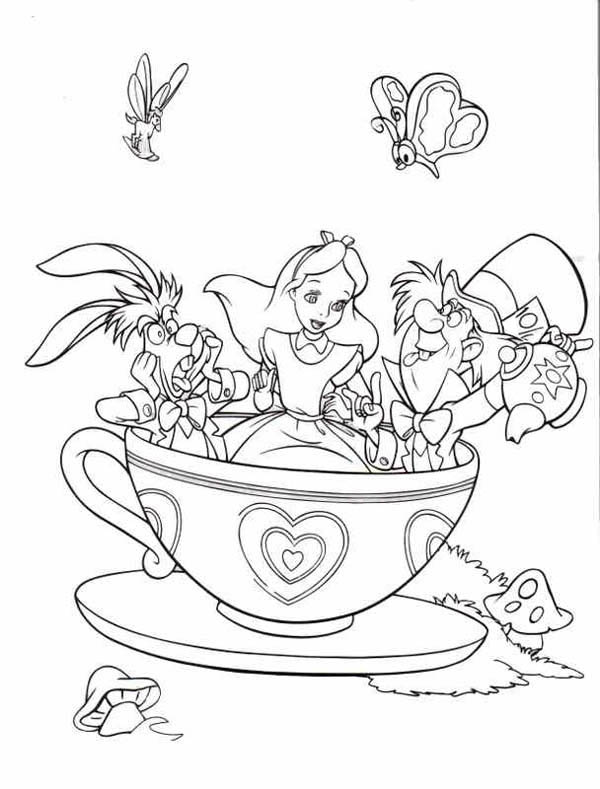 600x789 Mad Hatter Tea Party With Alice And White Rabbit Coloring Page