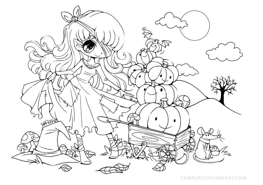 900x636 Cute Girl With A Stack Of Pumpkins. A Friendly Animechibi Style
