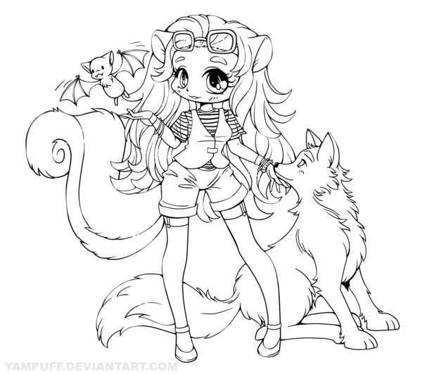 600x532 Skunk Girl With Wolf And Bat Lineart Commission By Yampuff