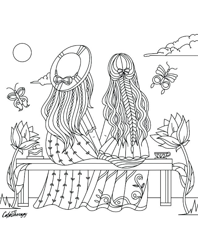 640x739 Coloring Pages App Girls Sitting On A Bench Coloring Page Color