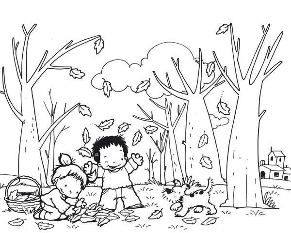 600x481 Kids And Dog Collecting Autumn Leaf Coloring Page