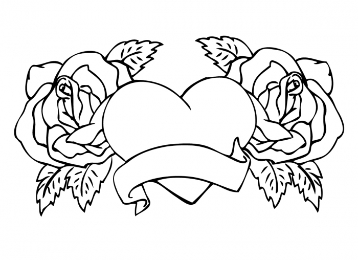 700x508 Free Printable Adult Coloring Pages Roses And Hearts With Banners