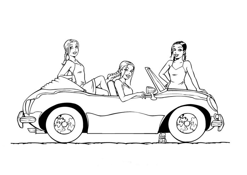 819x580 Coloring Page Of 3 Girls With Car