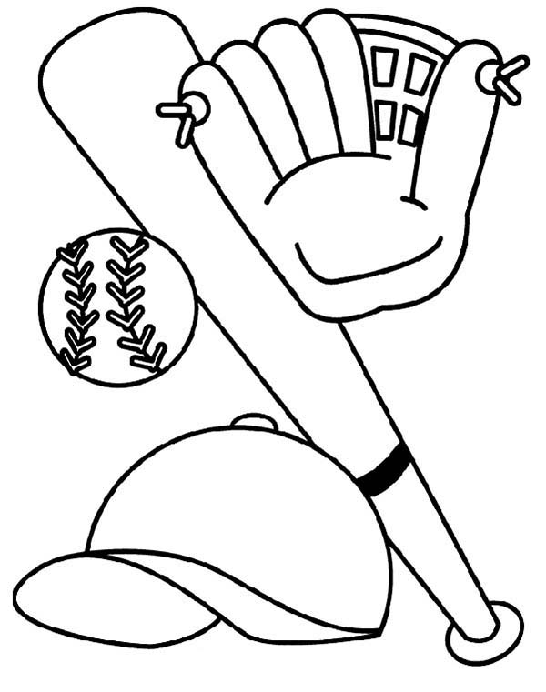 600x761 Bat, Glove, Hat And Baseball Coloring Page