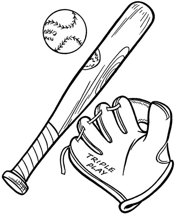 600x734 Baseball Glove, A Ball And A Bat Coloring Page