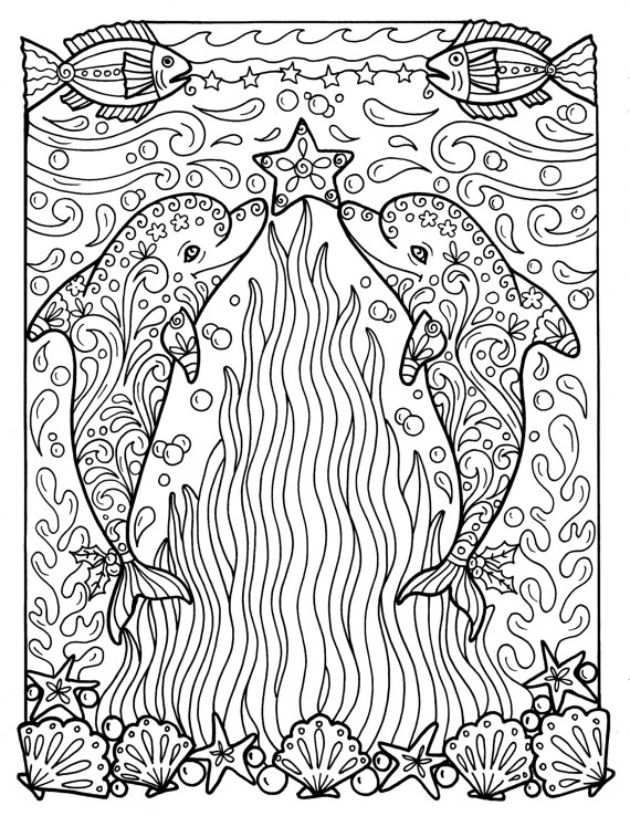 570x738 Christmas Dolphins Coloring Page Adult Coloring Beach Color