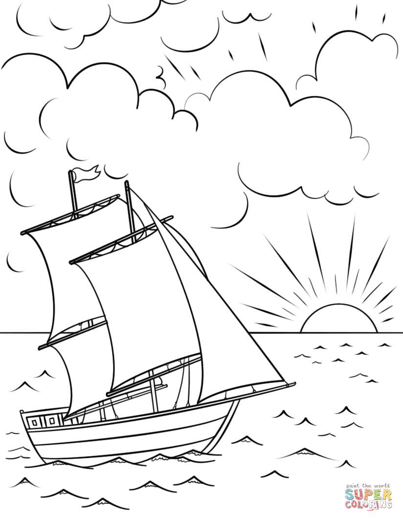 824x1066 Sailing Ship At Sunset Coloring Page Free Printable Pages