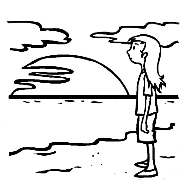 600x614 A Young Teenage Girl Waiting For Sunset On The Beach Coloring Page