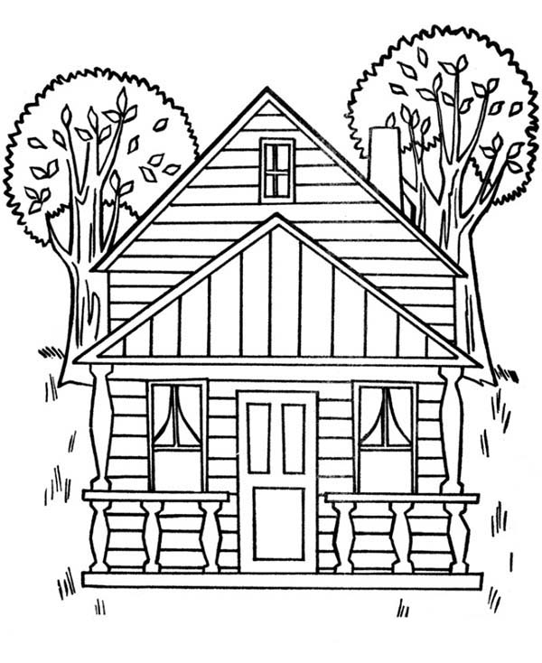 600x734 Houses With Two Big Trees Coloring Page Color Luna