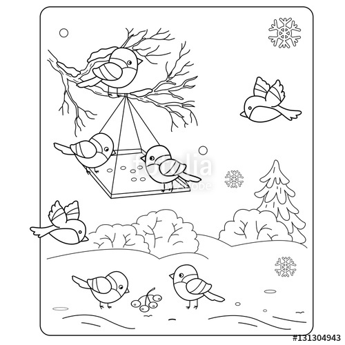 500x500 Coloring Page Outline Of Cartoon Birds In The Winter. Bird Feeder