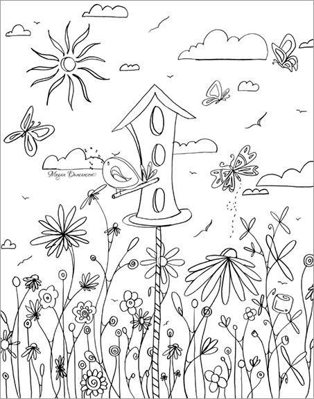453x576 Whimsical Bird House Flowers Free Coloring Page Download