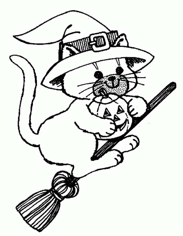 600x772 Witch Cat Riding Broomstick On Halloween Day Coloring Page