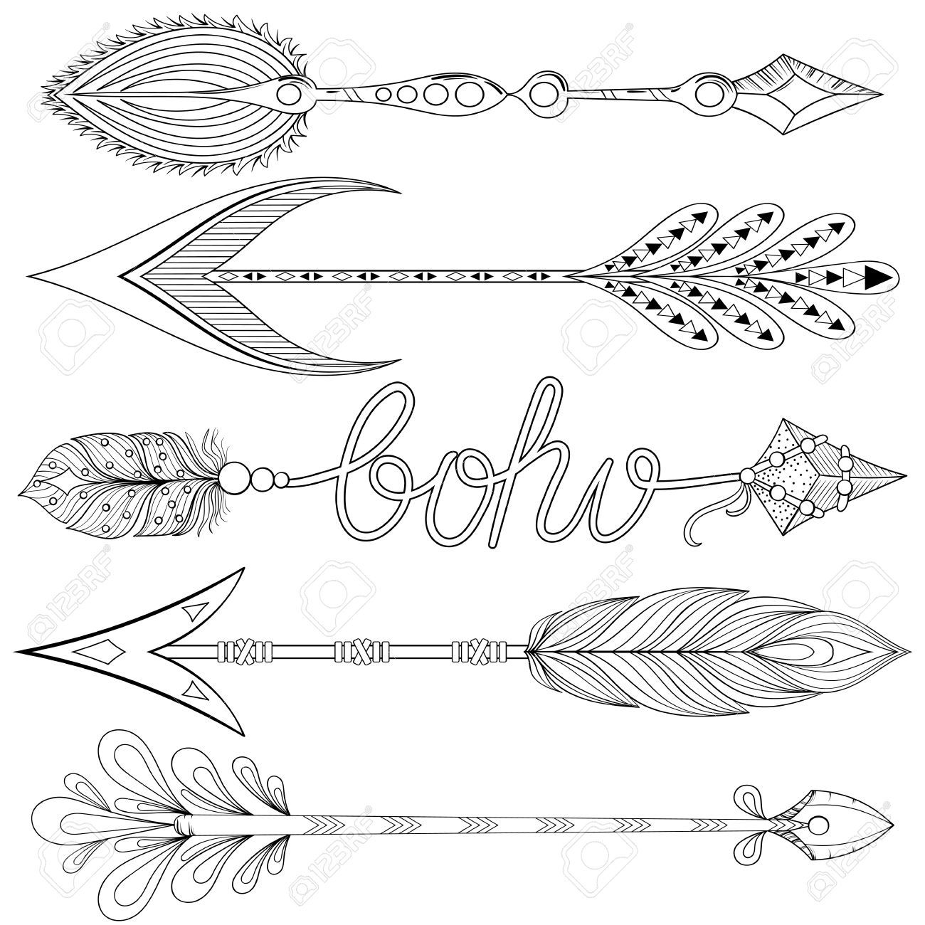 1300x1300 Bohemian Arrows Set With Feathers. Hand Drawn Decorative Arrows