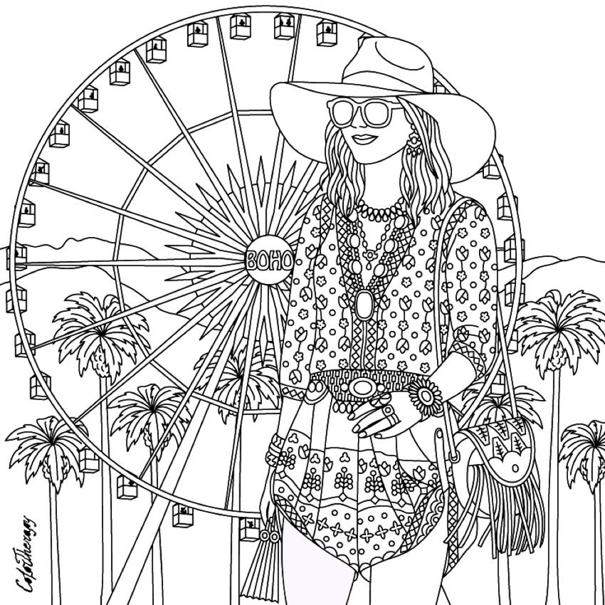 850x850 Gorgeous Hippie Boho Girl Coloring Page Hippie Art + Peace Signs