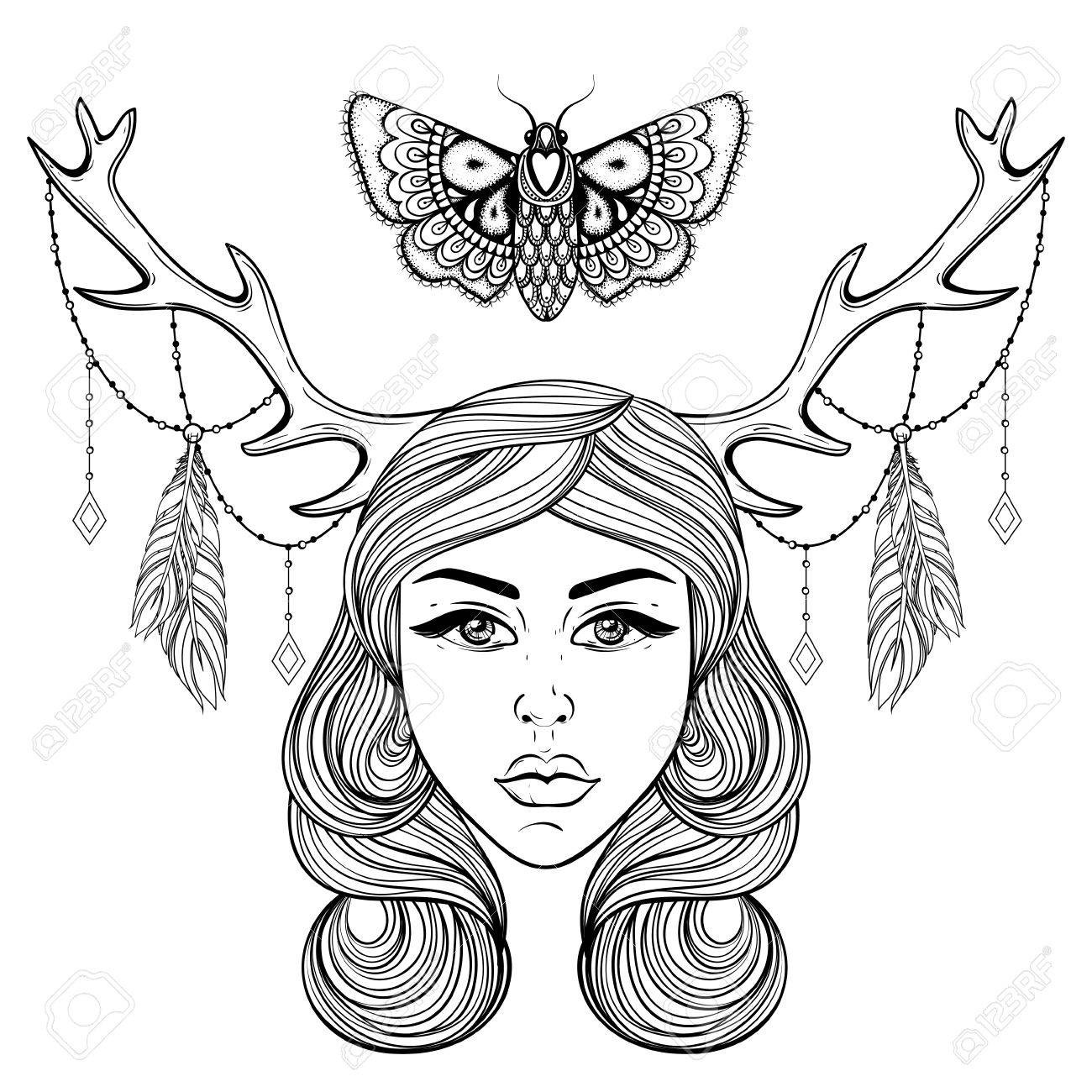 1300x1300 Beautiful Girl With Boho Deer S Horns Like Shaman Vector Forest