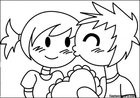 480x338 Printable Valentines Day Sweet Boy Kisses The Girl Coloring Pages