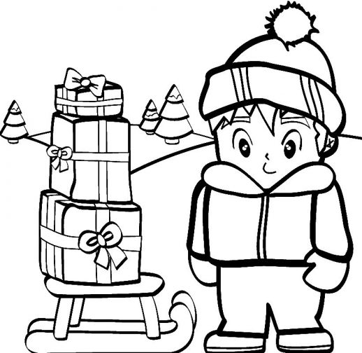 518x504 A Boy Standing On Snowy Land And Christmas Present Coloring Pages