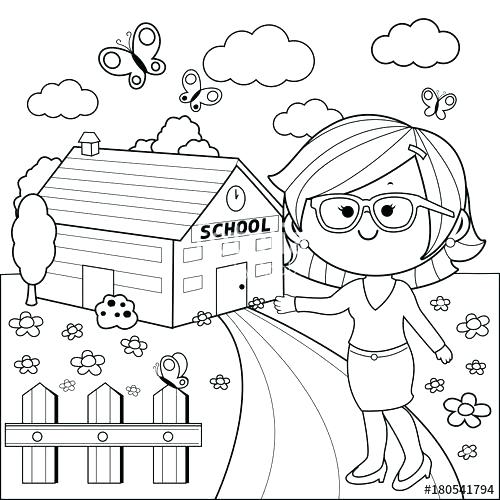 500x500 School House Coloring Page School Building Coloring Pages Teacher