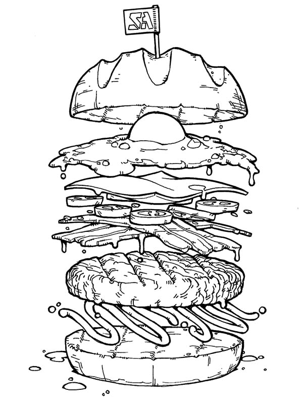 600x796 Big Burger With Fried Egg Coloring Pages