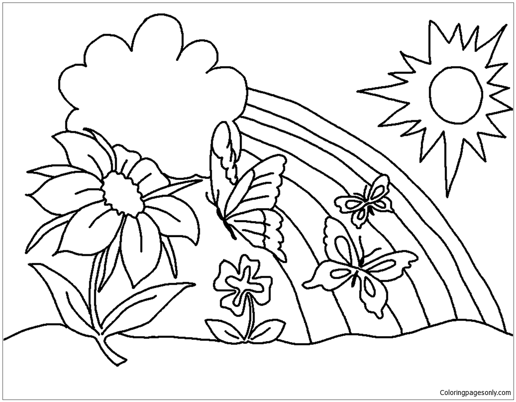 1037x807 Spring With Butterfly Flower And Rainbow Coloring Page Free
