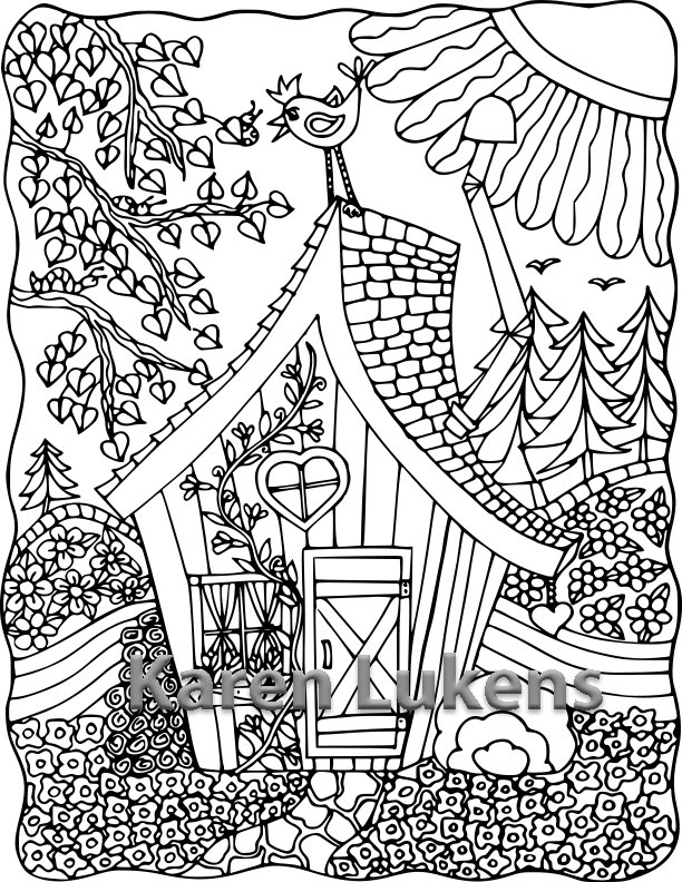 612x792 Happyville Cabin, 1 Adult Coloring Book Page, Printable Instant