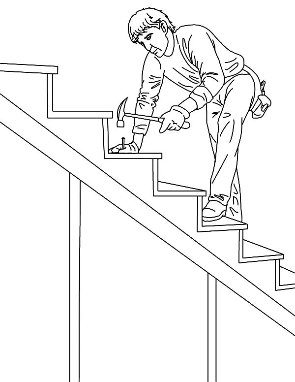 600x776 Carpenter Fixing Stair On Jobs Coloring Pages Batch Coloring