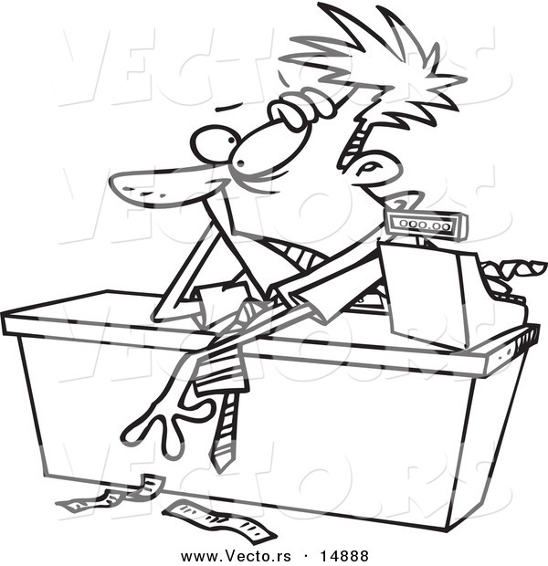 600x620 Vector Of A Cartoon Exhausted Businessman Leaning Over A Counter