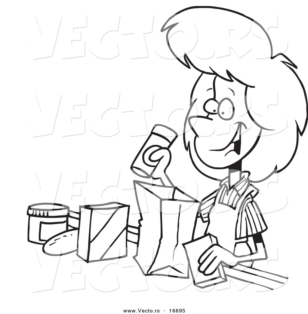 1024x1044 Vector Of A Cartoon Friendly Cashier Bagging Groceries