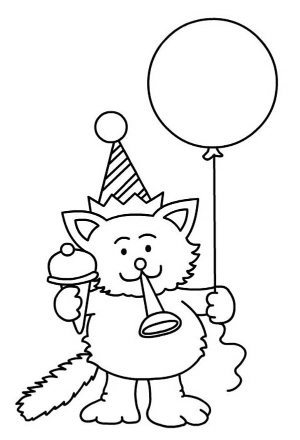 600x881 A Cat Blowing A Horn For Happy Birthday Party Coloring Page