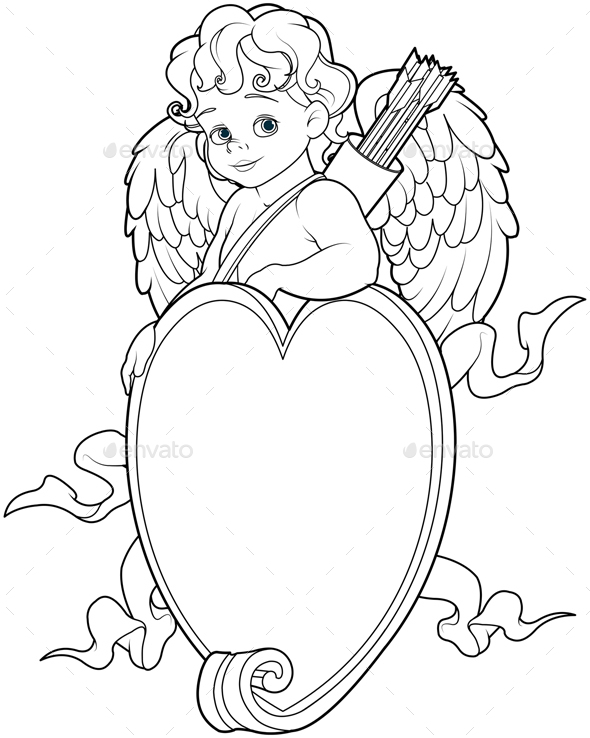 590x738 Cupid Over A Heart Shaped Sign Coloring Page By Dazdraperma