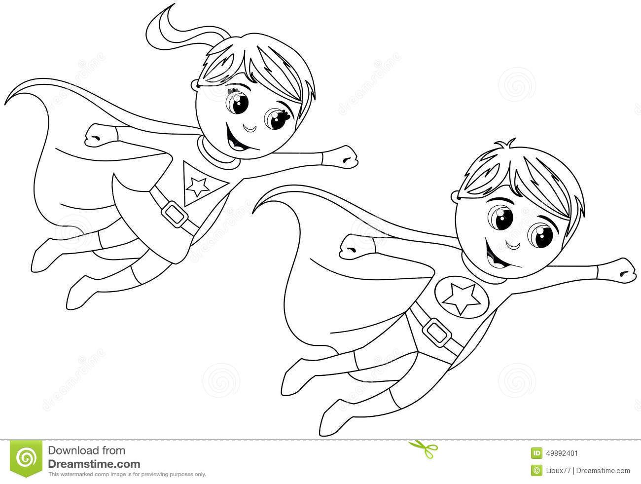 1300x981 Happy Superhero Kid Kids Flying Isolated Coloring Page Stock
