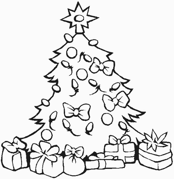 600x615 Stunning Christmas Tree With All The Ornaments And Gifts Coloring