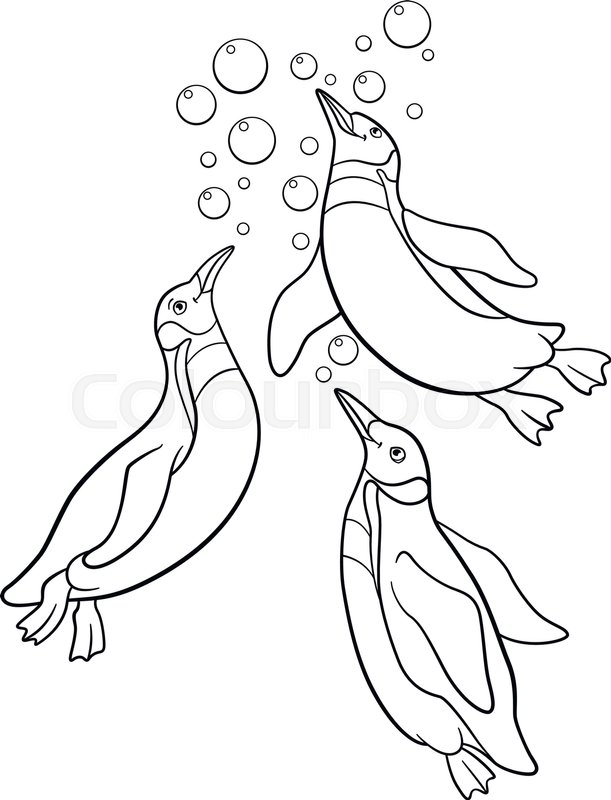 611x800 Coloring Pages. Three Little Cute Penguins Swim And Smile. Stock