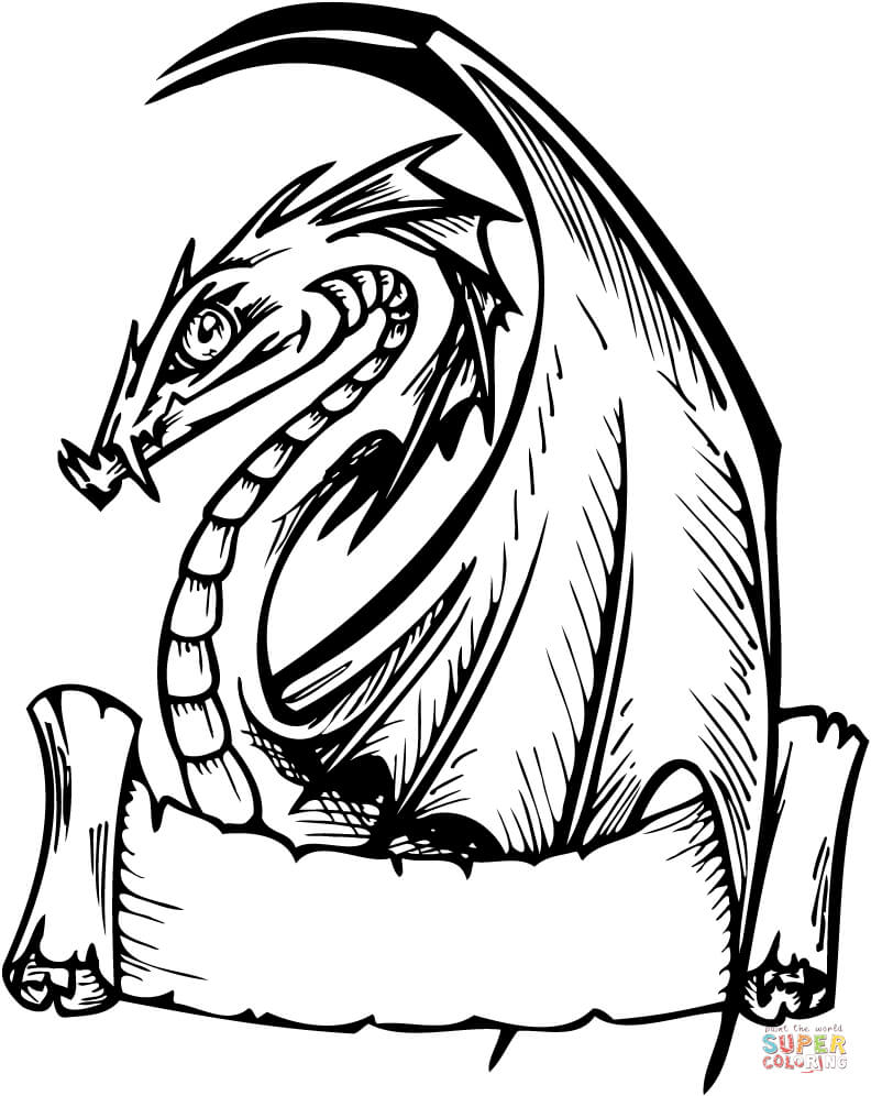 792x996 Elegant Dragon With Banner For Words Coloring Page With Dragons