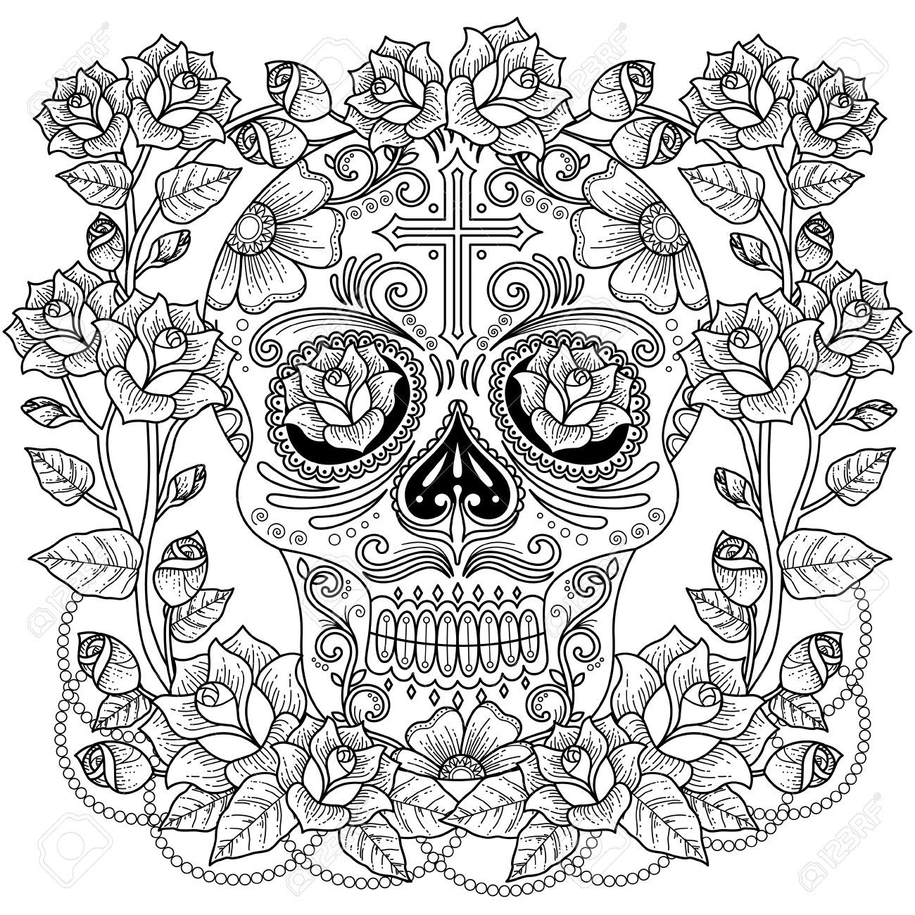 1300x1300 Amazing Fantastic Adult Coloring Page Magnificent Skull With Roses