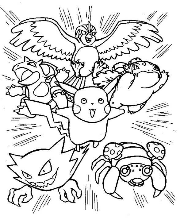 600x717 Pikachu And Friends Attack Pokemon Coloring Page