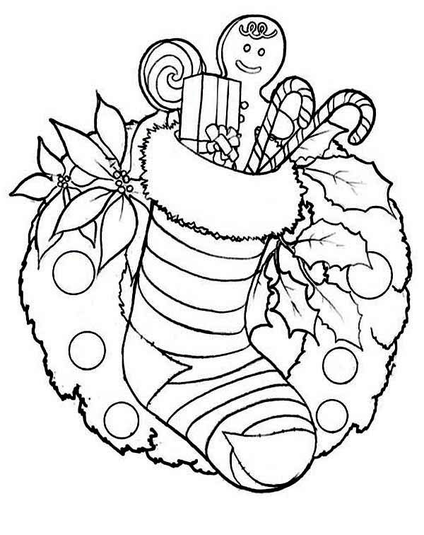 600x756 Christmas Stocking And Christmas Wreath For Decoration Coloring