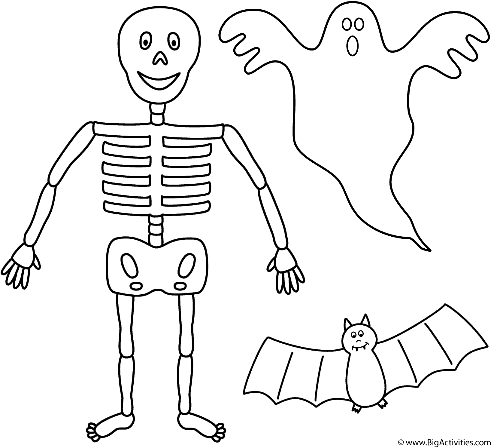 1645x1490 Skeleton With Bat And Ghost Coloring Page Halloween Ghost Coloring