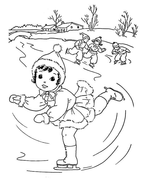 600x734 Cute Little Girl Playing Ice Skating On Winter Coloring Page