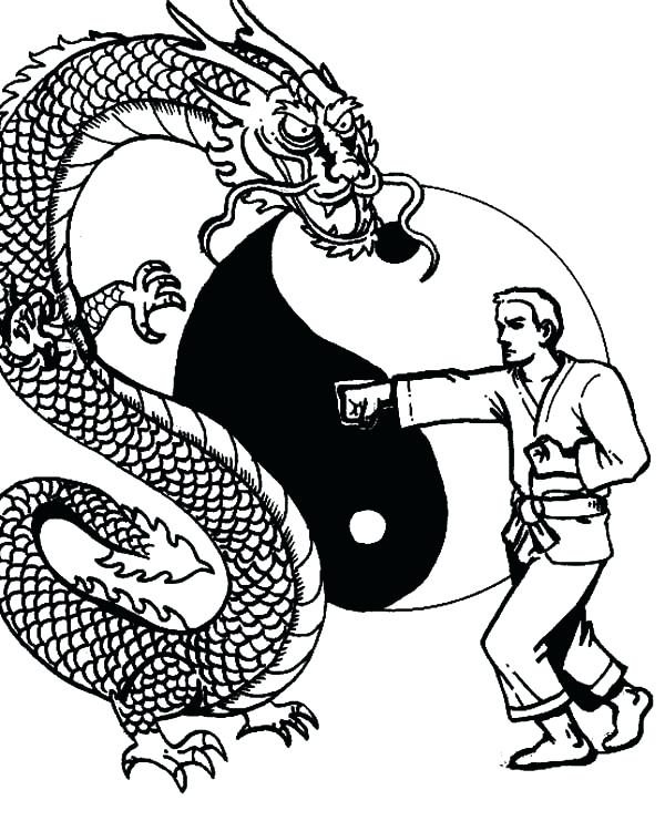 600x741 Awesome Karate Kid Coloring Pages Or Karate Man Versus Dragon