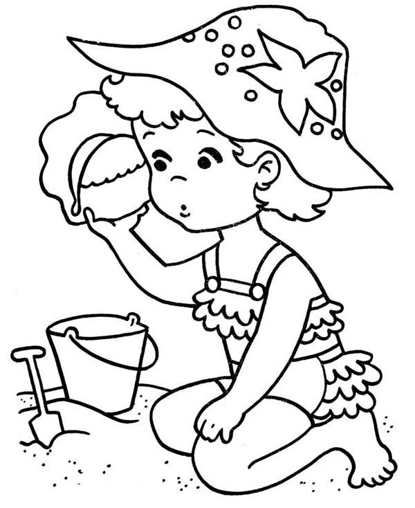 600x734 A Sweet Little Girl Playing With Seashell On The Beach Coloring