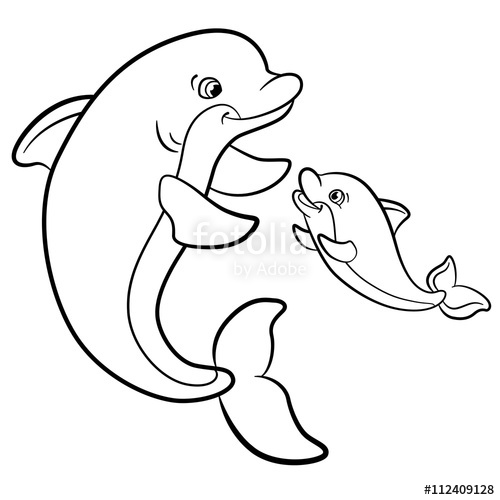 500x500 Coloring Pages. Marine Wild Animals. Mother Dolphin Swims With Her
