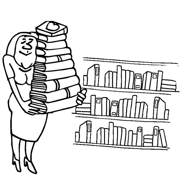 600x622 Librarian Lifting A Pile Of Books In Library Coloring Pages