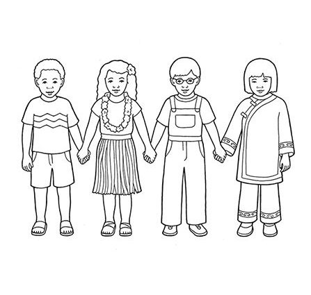 447x425 Children Holding Hands Coloring Page A Line Drawing Showing Four