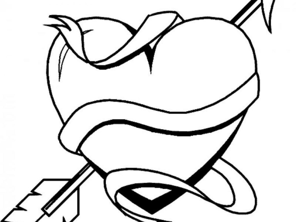1024x768 Coloring For Kids Heart With Arrows Bow And Frightening Hearts