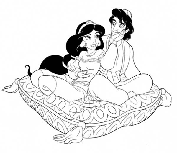 600x519 Aladdin And Princess Jasmine Sitting On A Pillow Coloring Page
