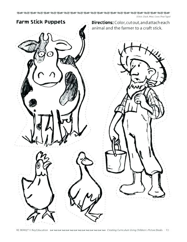 600x776 Click Clack Moo Doreen Cronin Farm Stick Puppets Coloring Page