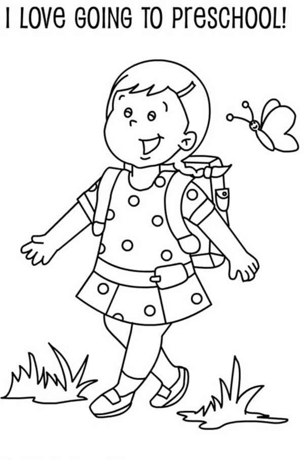 600x905 A Preschool Girl Student On Her First Day Of School Coloring Page